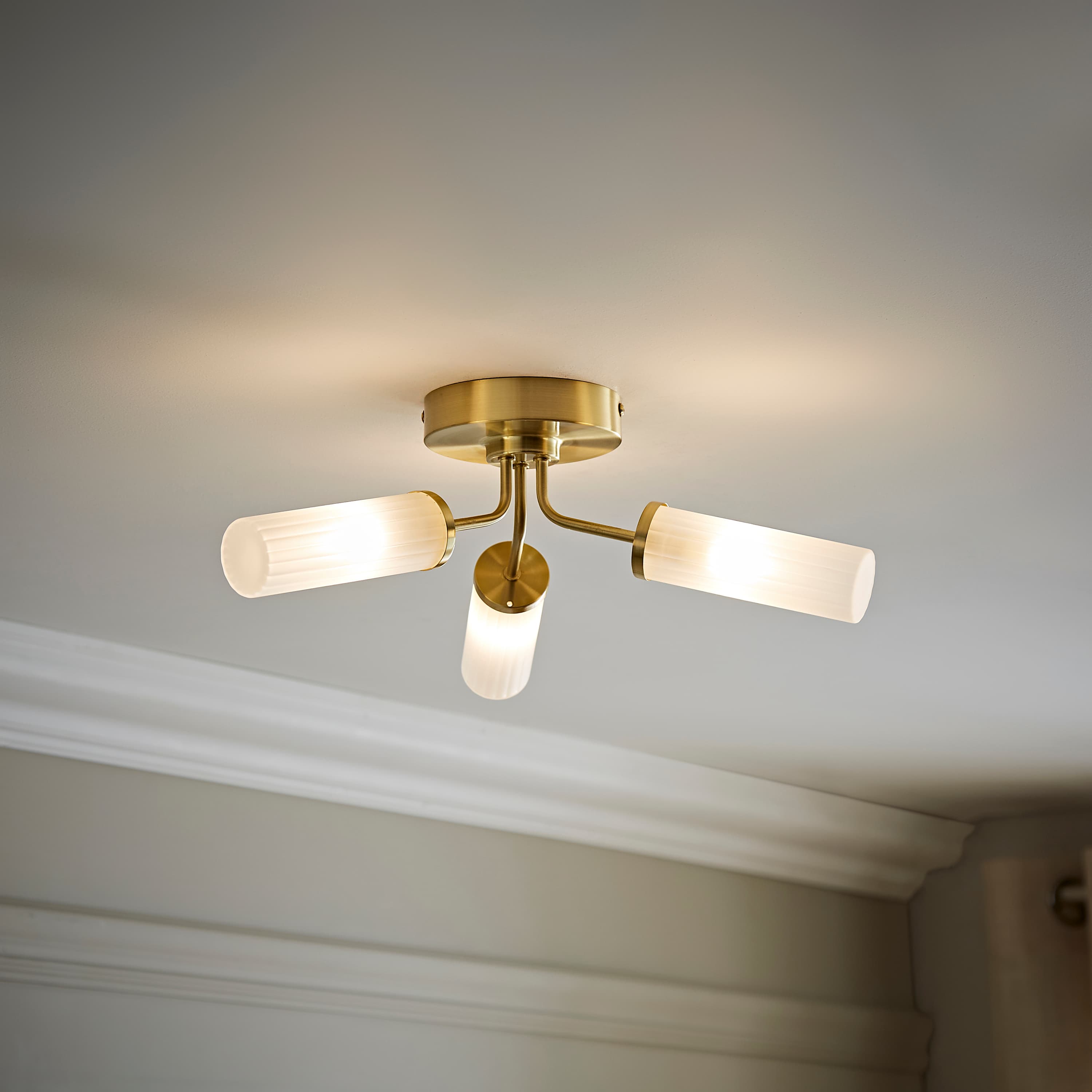 KANADEMONO Gold × Glass Ceiling Light 3 Canya IP44 3 Way Gold Ceiling Light and Shades | ValueLights