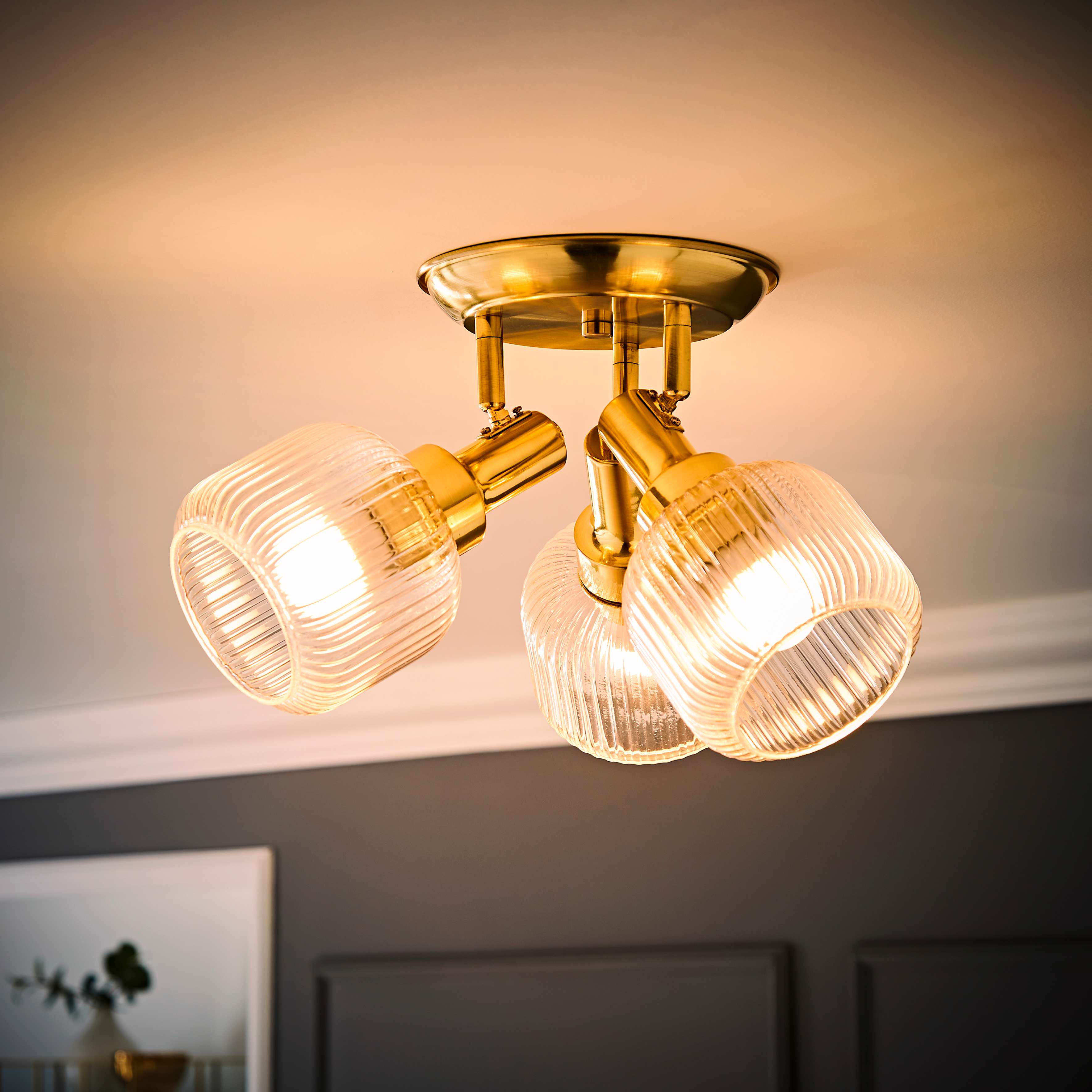 Brushed Gold 3 Way Ribbed Glass Spotlight