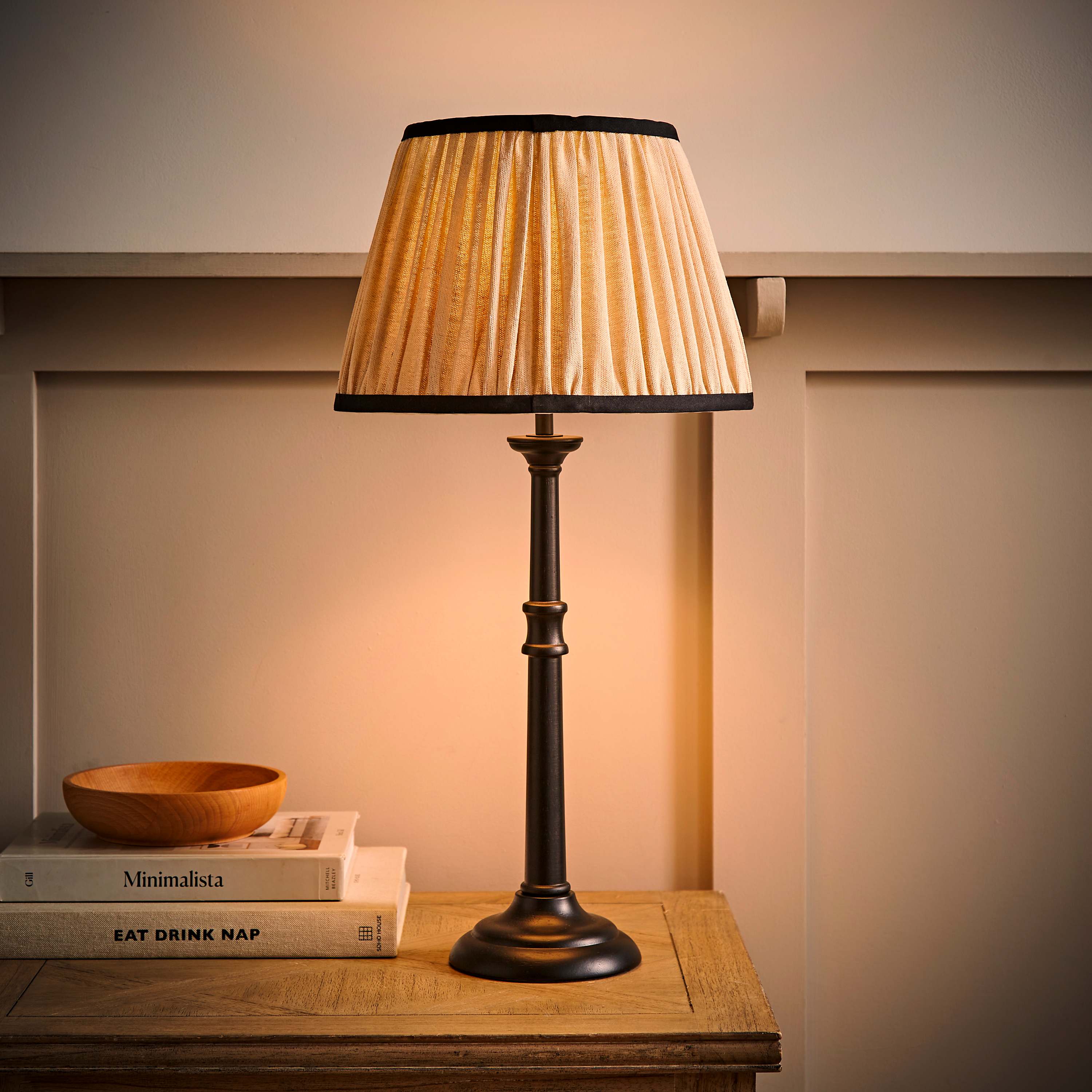 Clara Black Candlestick Table Lamp with Pleated Linen Shade