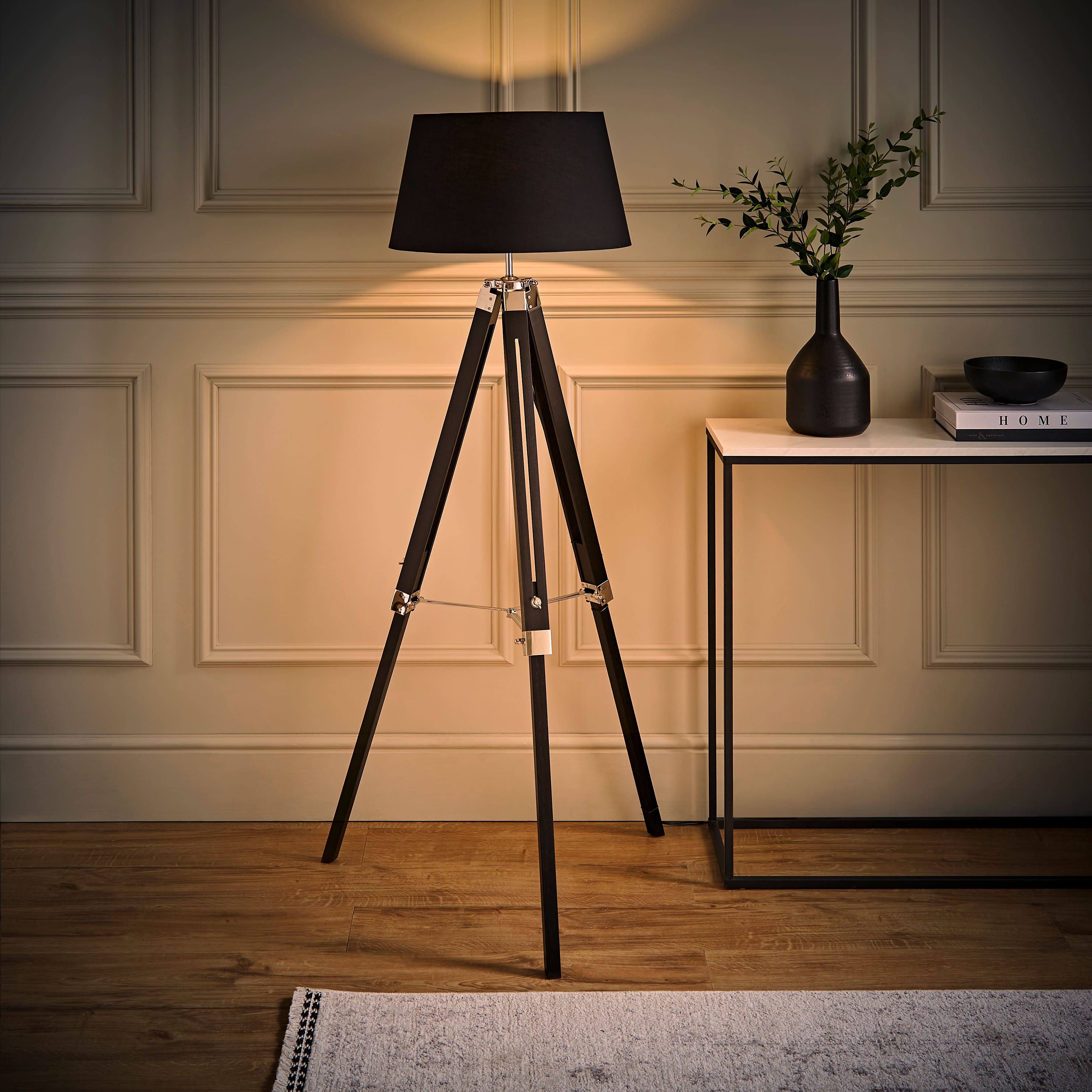Black & Chrome Tripod Floor Lamp Black Shade | Value Lights