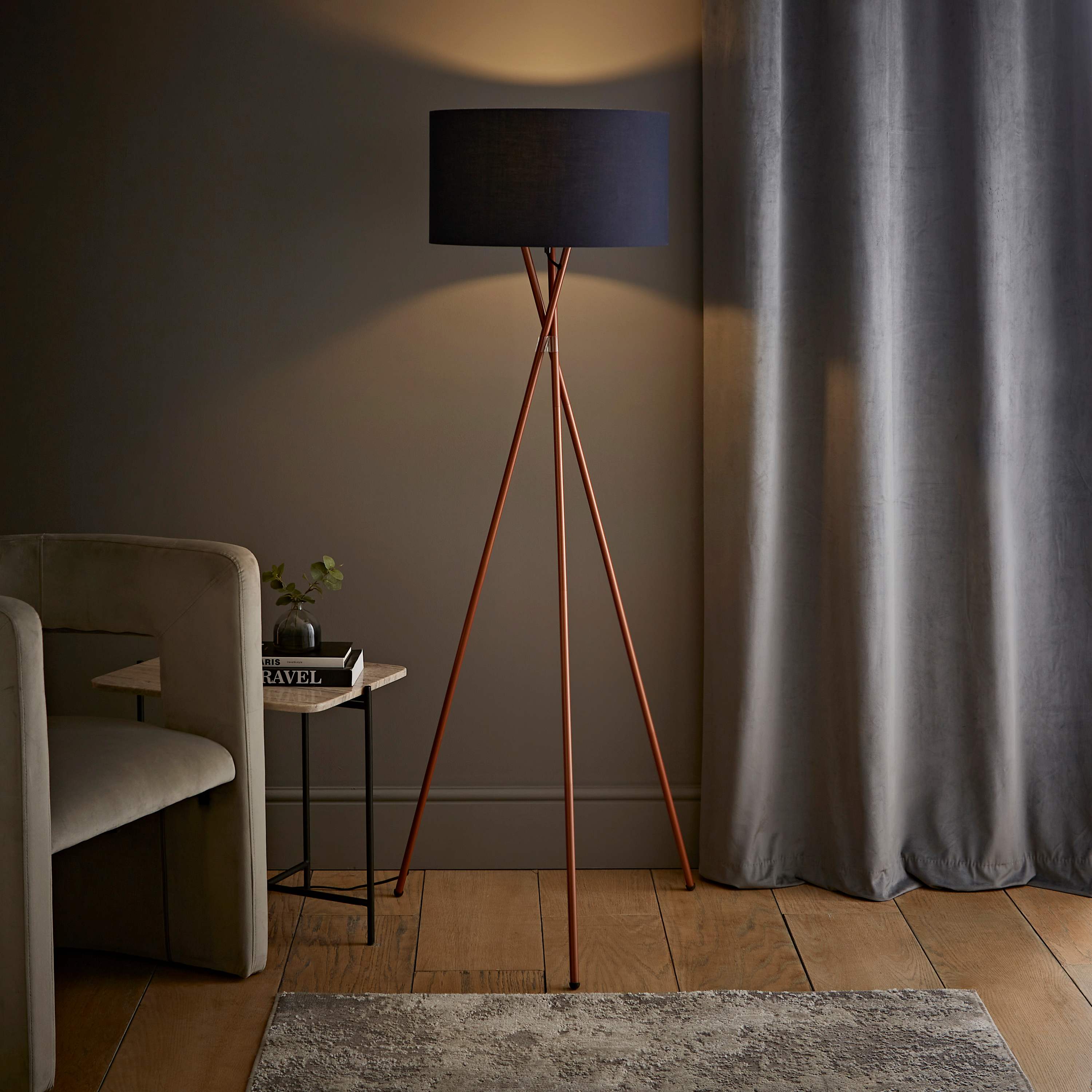 Camden Copper Floor Lamp Navy Blue Shade | ValueLights