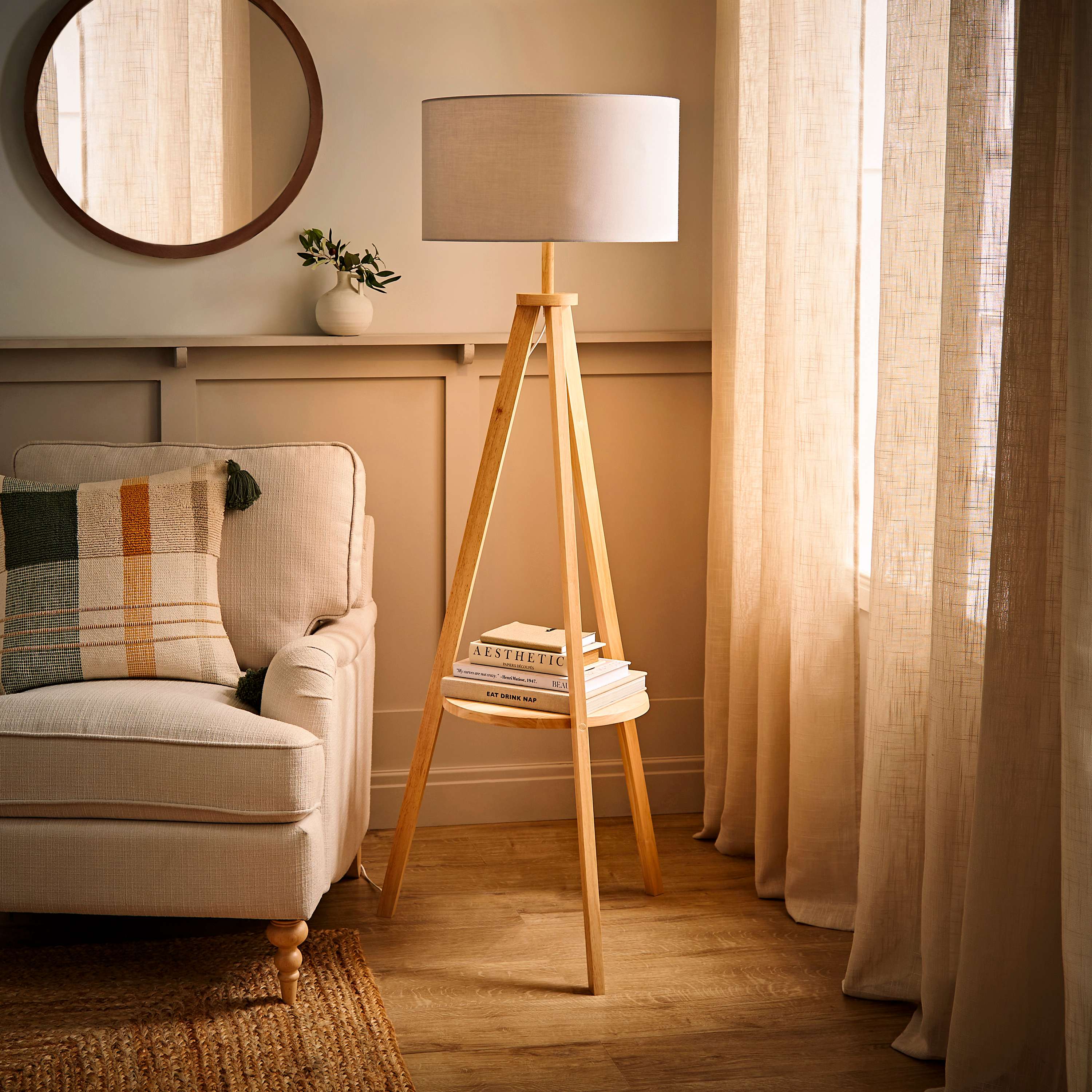 Morrigan Wood Floor Lamp Large Grey Shade | ValueLights