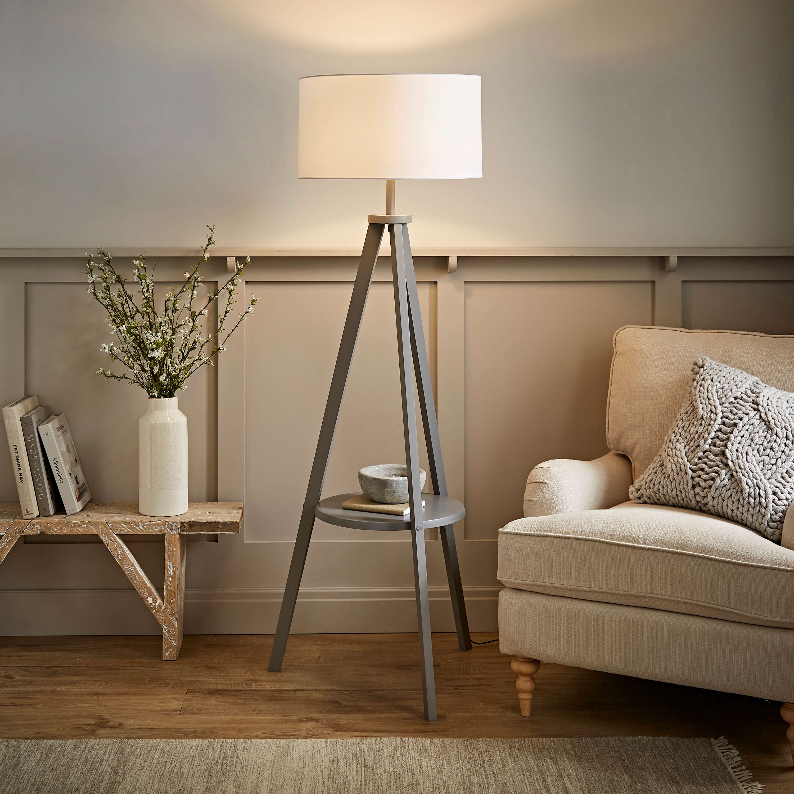 Morrigan Grey Wood Floor Lamp XL White Shade| Value Lights
