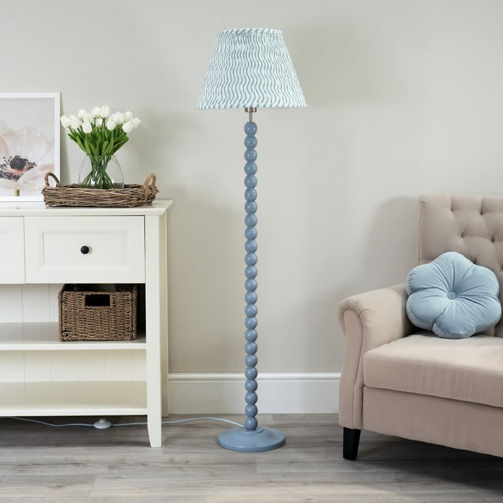 Bobbin Powder Blue Floor Lamp with Green Shade | ValueLights