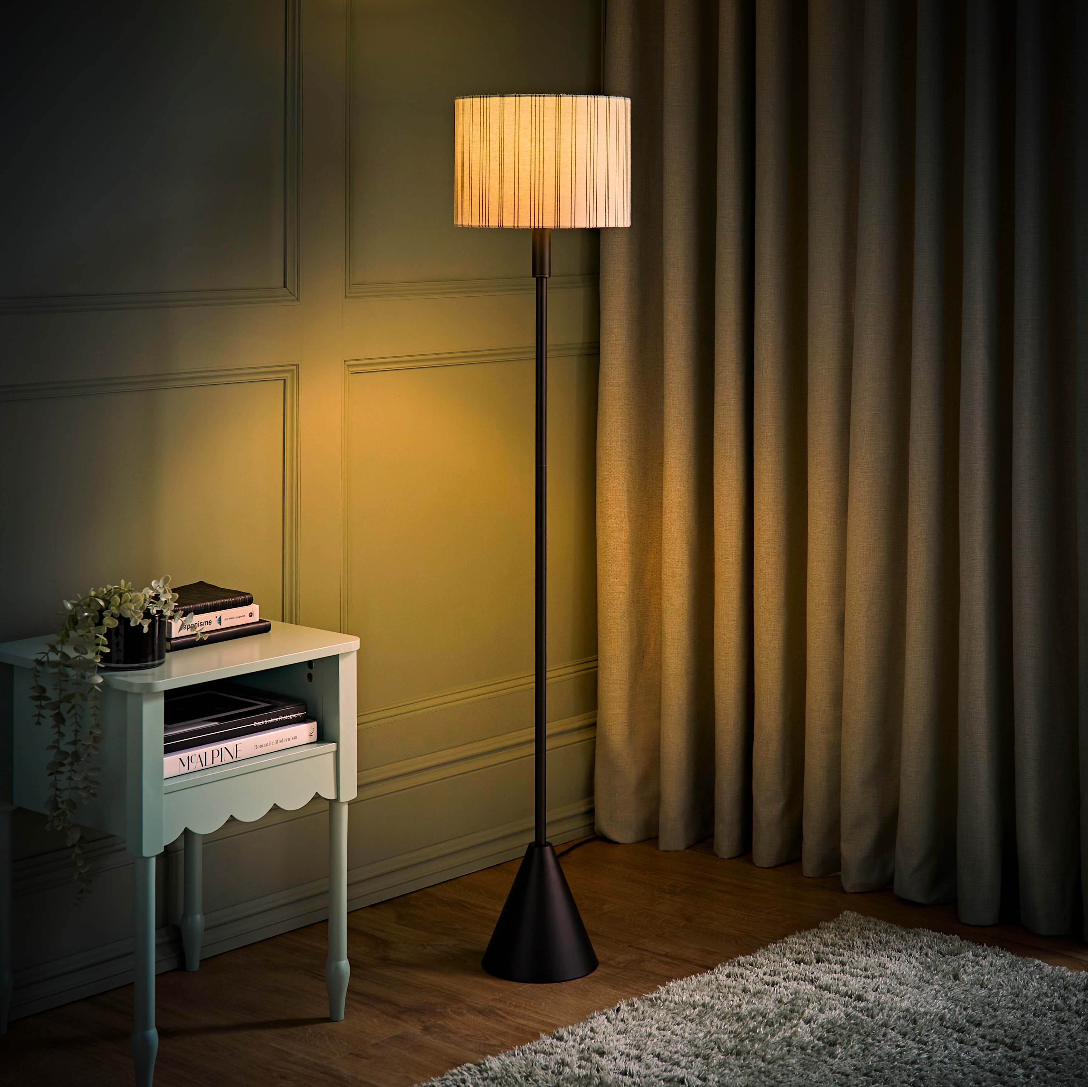 Mitch Black Triangle Floor Lamp with Striped Lin ValueLights