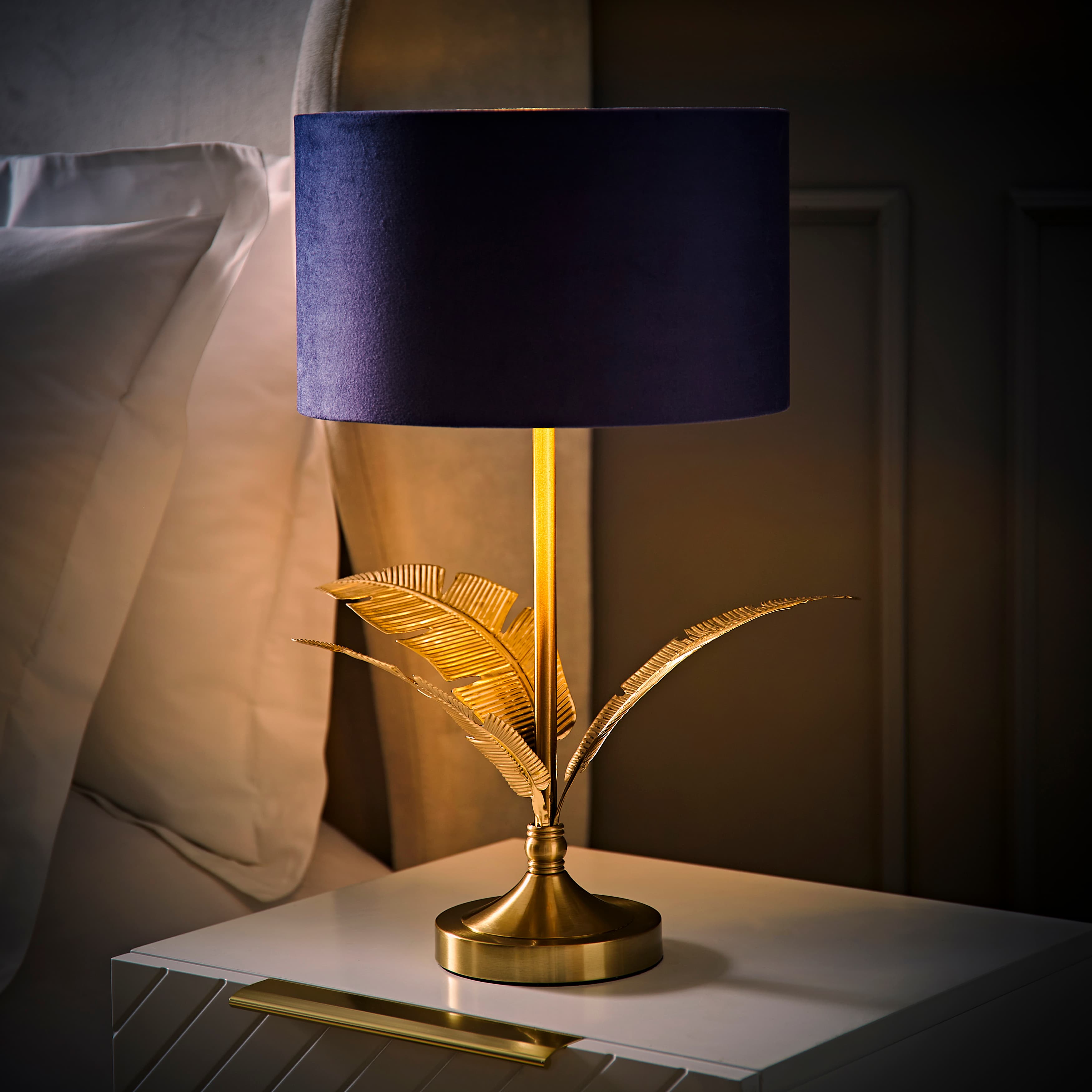 Christina Gold Leaves Table Lamp Navy Velvet | ValueLights