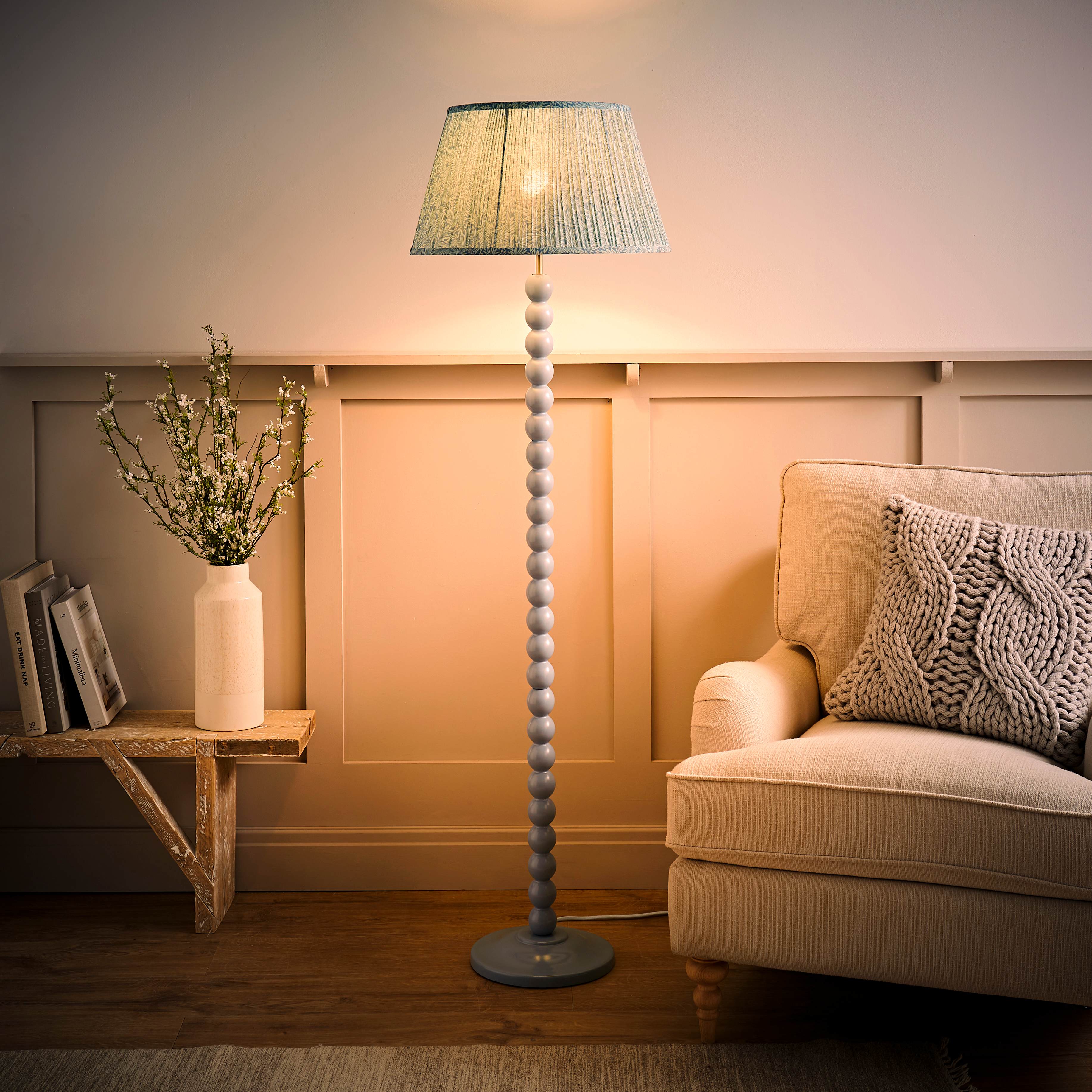 Powder Blue Bobbin Floor Lamp Leaf Print Shade | ValueLights