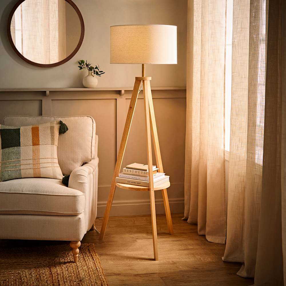 Morrigan Light Wood Tripod Floor Lamp with White Trim Linen Shade