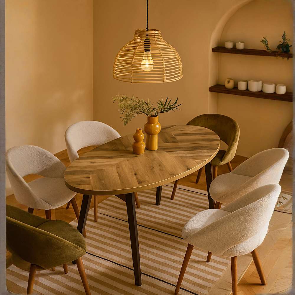 Lobster Pot Basket Pendant Shade in Natural displayed over a warm wood dining table with 6 dining chairs