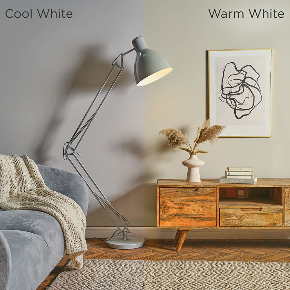 A floor lamp with half the image showing a cool white light and the other half showing a warm white light, to show the difference in colour temperature