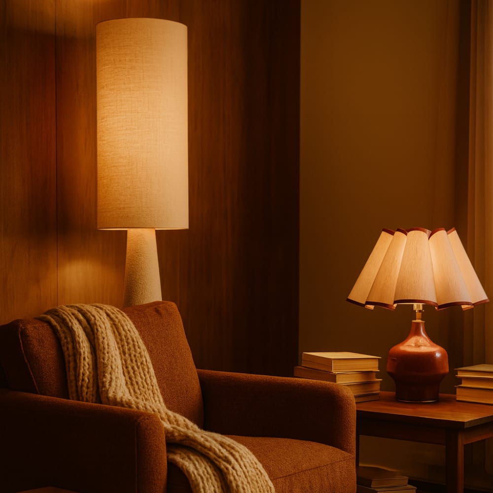 A cosy reading nook with an armchair, blanket, a floor lamp behind the chair and a table lamp on a side table surrounded by books