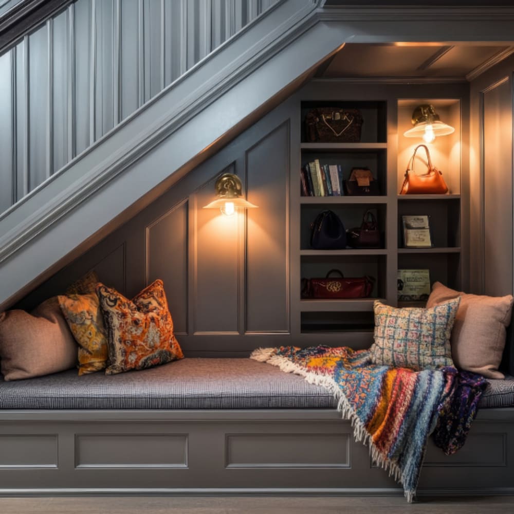 Stylish under-stair reading nook with a cushioned bench, patterned throw pillows, and a colorful blanket. Built-in shelves display books and accessories, illuminated by warm wall lights for a cosy, inviting atmosphere.