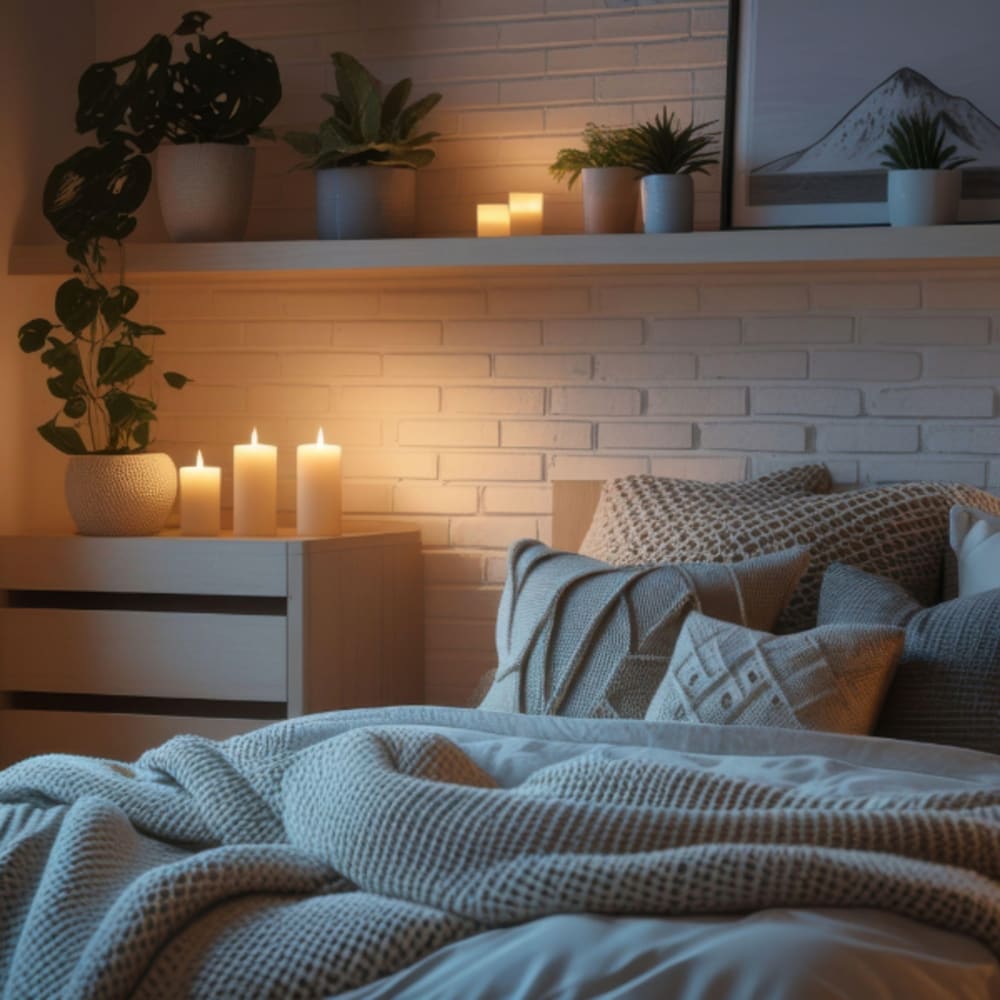 Cosy bedroom with soft neutral bedding, textured cushions, and a chunky knit throw. Warm LED candles and potted plants on shelves create a relaxing, ambient glow against a white brick wall.