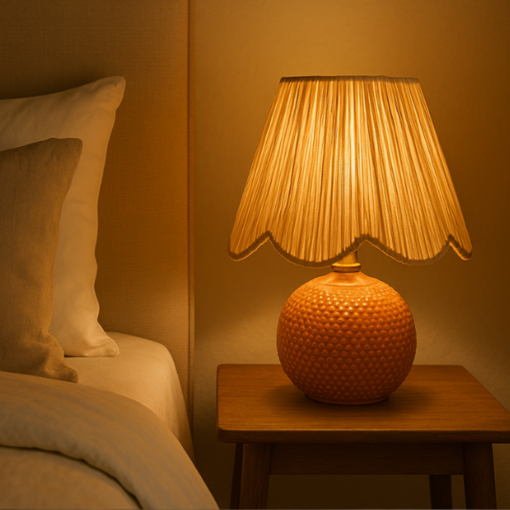 Warm bedside scene with an orange textured ceramic lamp and scalloped pleated shade glowing softly on a wooden table beside neutral bedding.