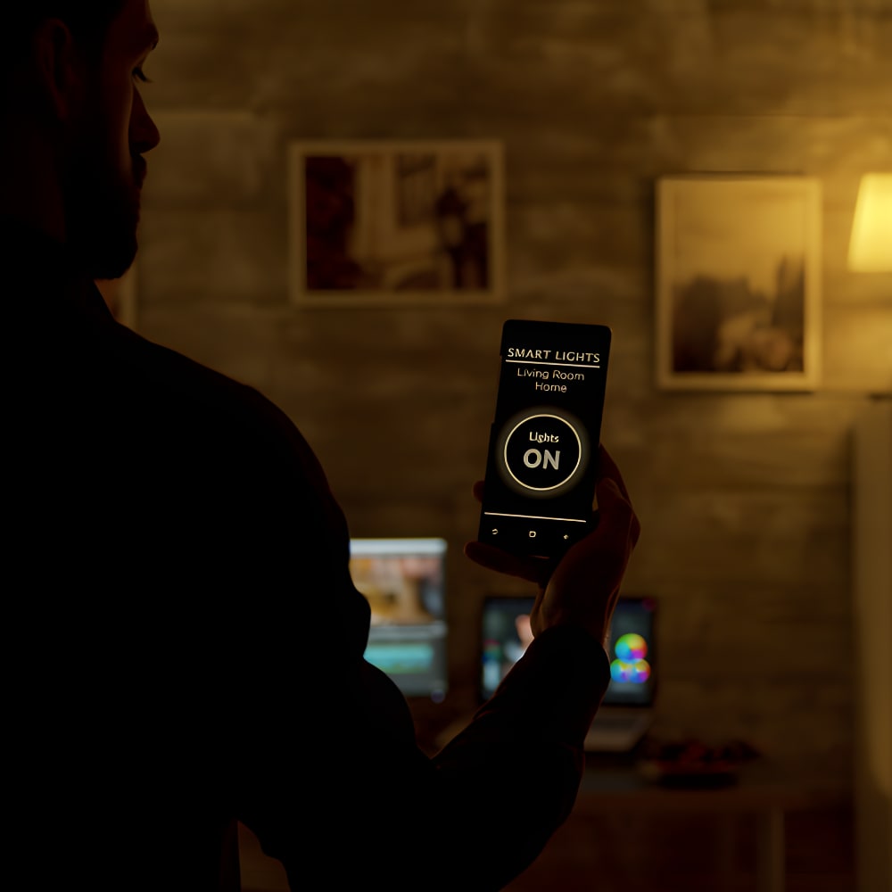 Person controlling smart lighting via mobile app in a warm modern living room