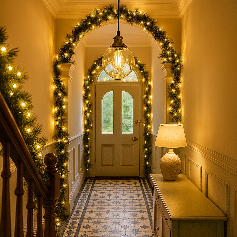 Warm, cosy hallway decorated for Christmas with pre-lit garlands wrapped along the banister and archway, soft golden fairy lights and a glowing table lamp beside the front door.