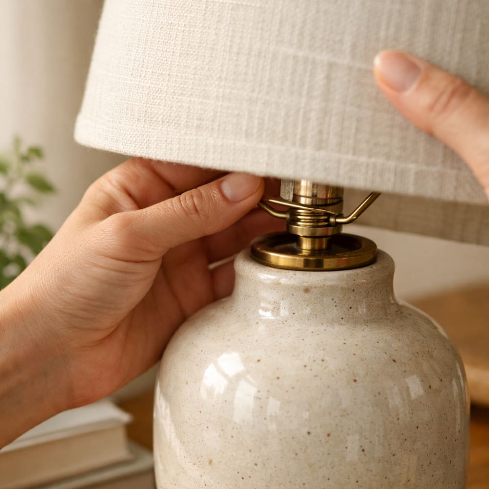Close-up of hands fitting a natural linen lampshade onto a speckled cream ceramic lamp base with an antique brass fitting, with a softly blurred warm interior background