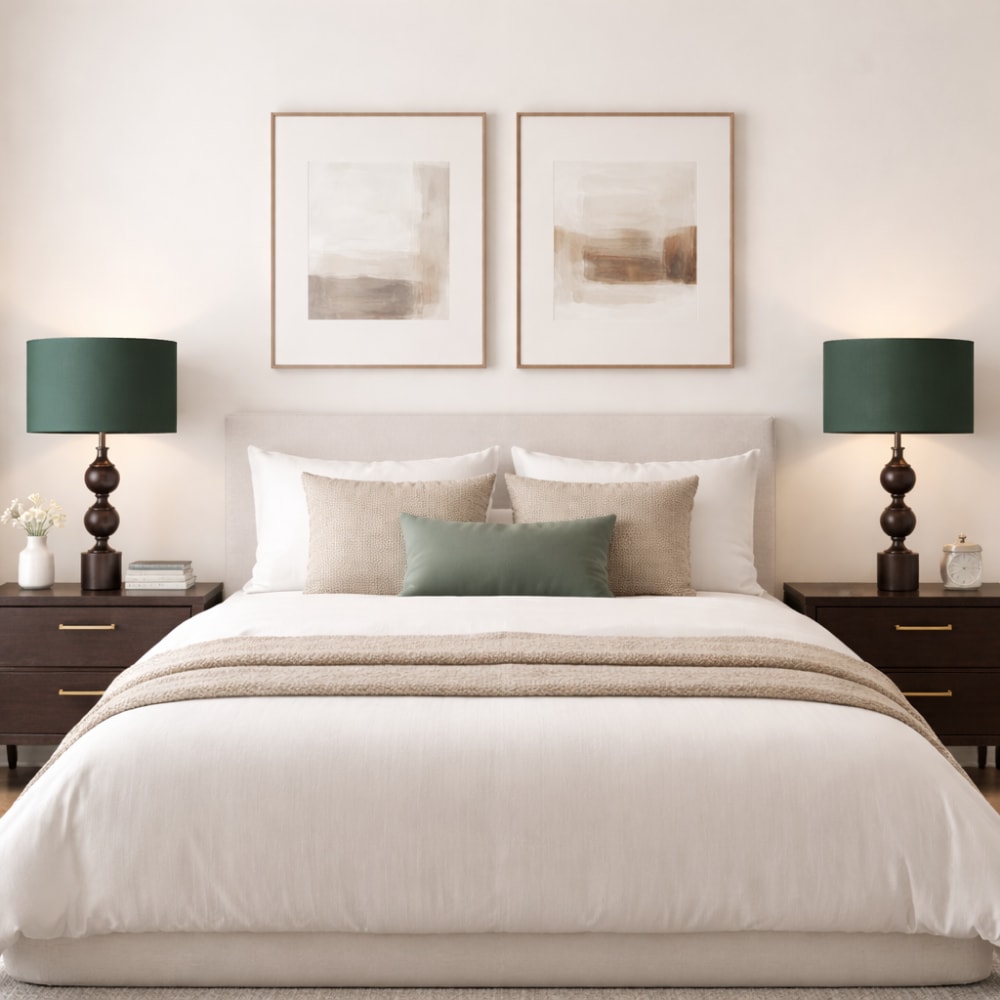 Symmetrical bedroom styling with a pair of black metal table lamps with deep forest green drum shades on either side of a grey upholstered bed, styled with neutral white and taupe bedding, a sage green accent cushion, dark wood bedside tables and two abstract landscape prints above the headboard
