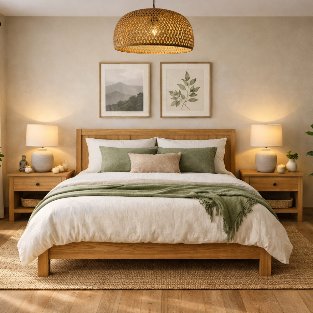 Feng shui inspired bedroom with wooden bed, rattan ceiling pendant and ribbed cream ceramic table lamps on oak bedside tables
