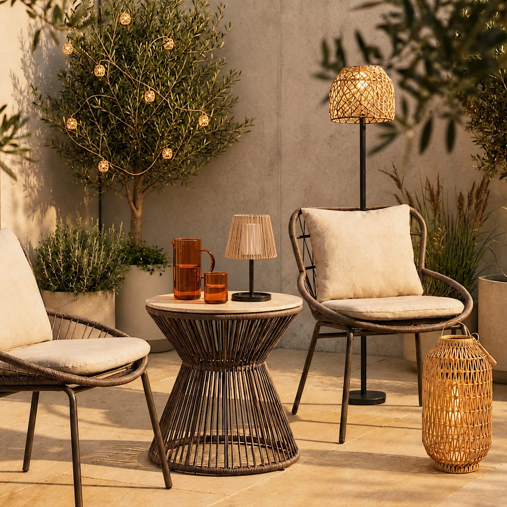 Rattan outdoor furniture set with battery table lamp, floor lamp and lantern on a patio with a lit olive tree