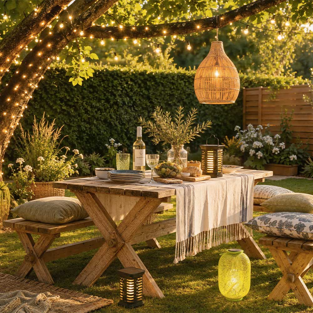 Outdoor garden dining with rattan pendant light, festoon lights, rustic wooden table and decorative outdoor lanterns creating a cosy alfresco entertaining space.