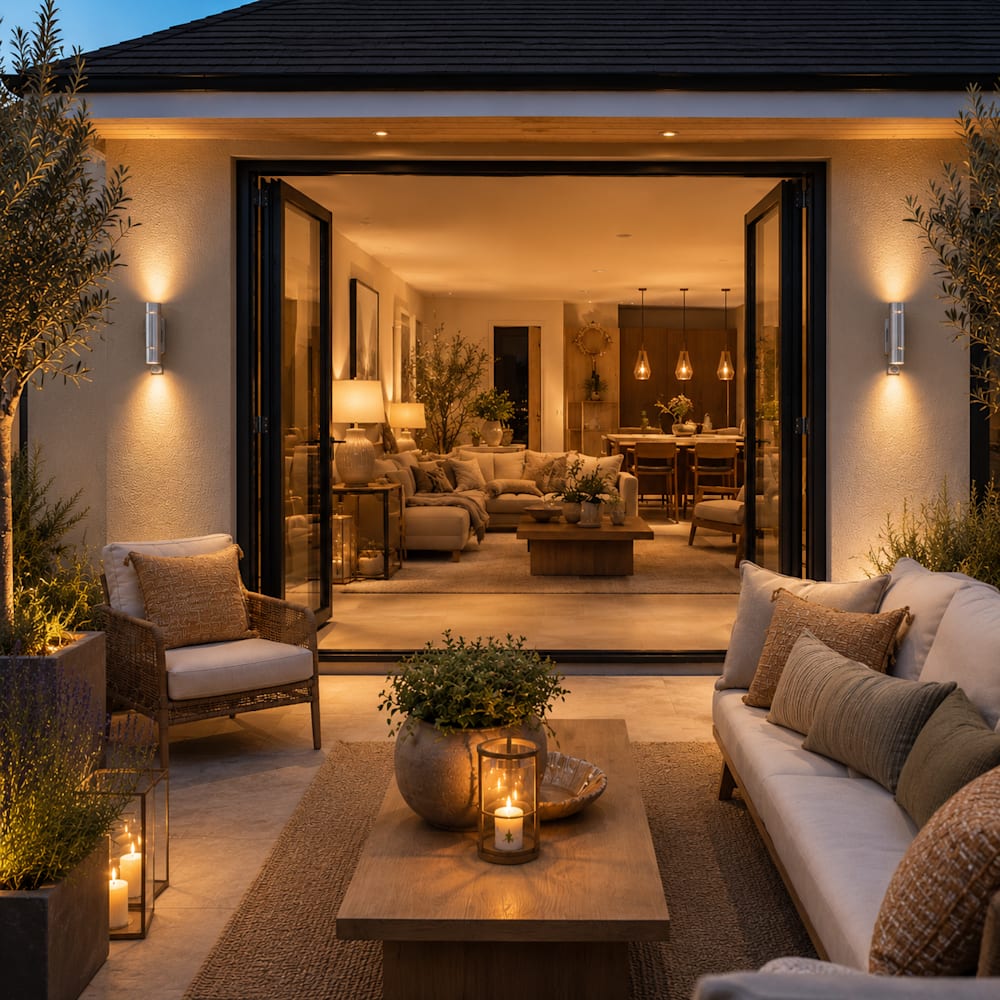 Luxury modern British home at golden hour with black aluminium bifold doors opening onto a stylish garden patio, warm brushed stainless steel PIR up/down wall lights, and seamless indoor-outdoor living with contemporary lounge furniture and ambient architectural lighting.
