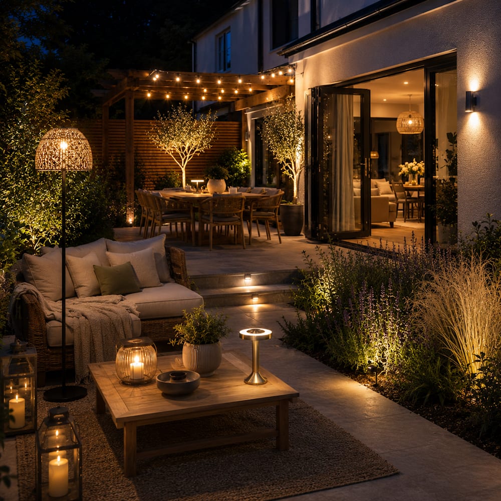 Outdoor lounge and dining area lit with festoon lights, a rattan pendant, table lamps and step lights