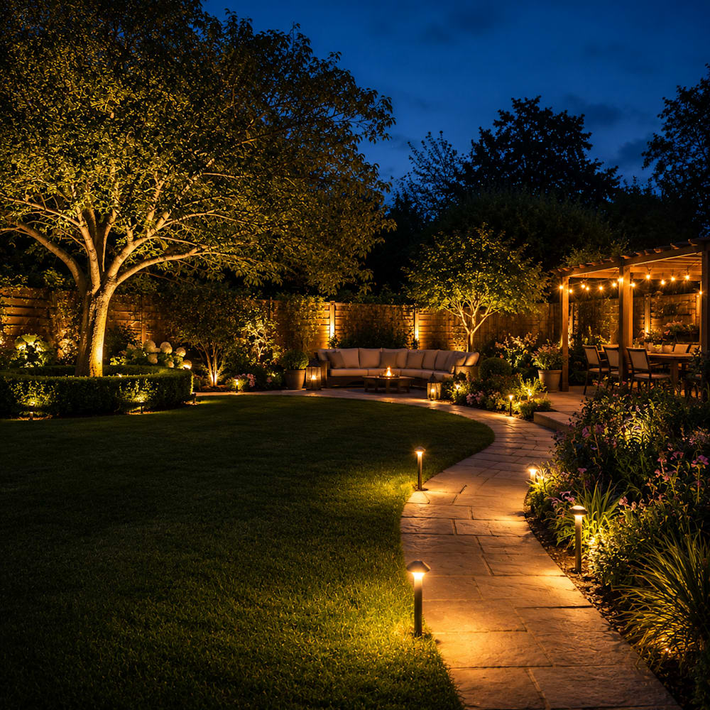 English back garden at dusk featuring layered outdoor lighting, including warm white pathway lights, tree uplighting, illuminated planting borders, and a softly lit outdoor seating area with a curved stone path, manicured lawn, and contemporary landscape design.