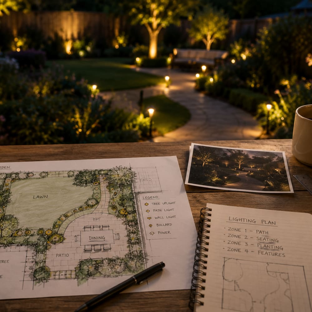 Garden lighting design sketch on a notepad next to a lit patio, seating area and pathway with wall and spike lights