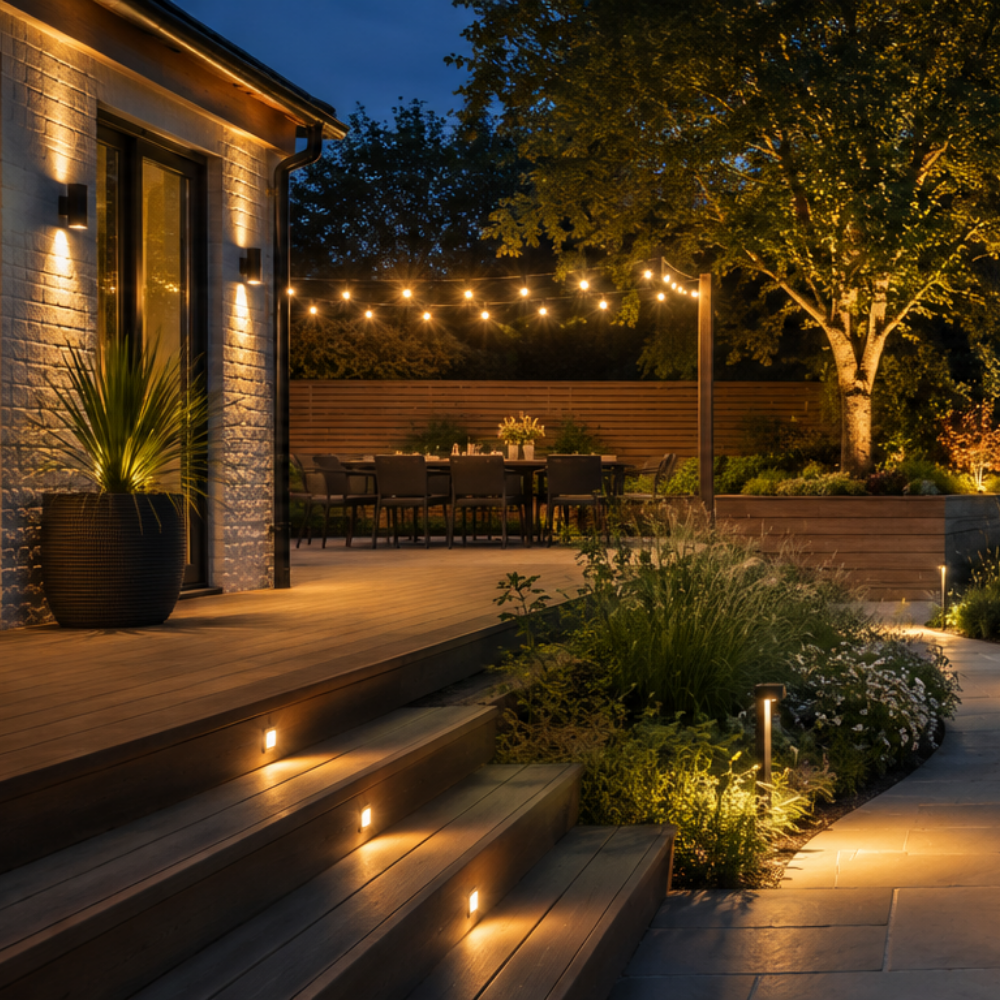 Garden pathway lined with LED bollard lights leading to a lit patio and decking area with festoon lighting and deck step lights