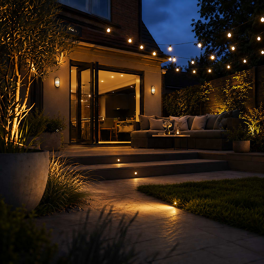 Garden patio at dusk with warm festoon string lights overhead, sunken deck lights lining stone steps, and an outdoor seating area beside glass doors leading into a lit interior.