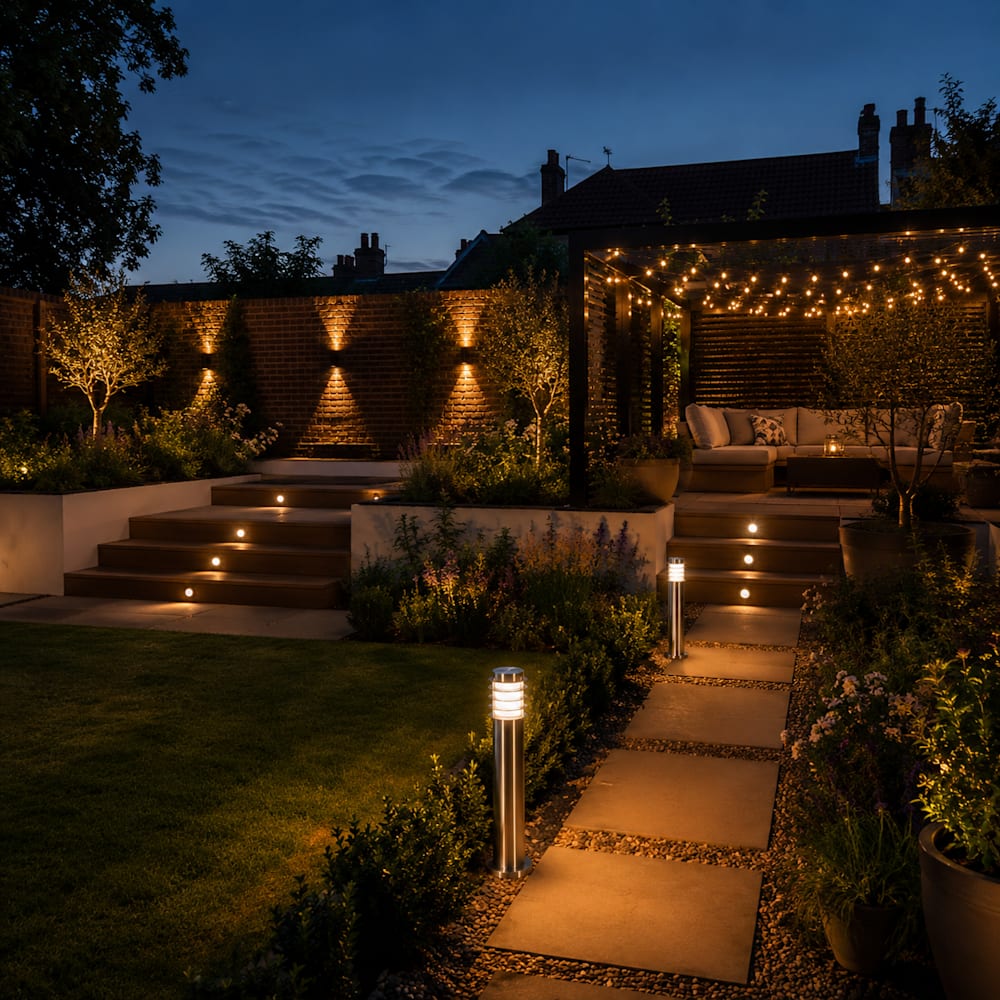Landscaped garden at dusk with layered lighting, including bollard lights along a path, step lighting on raised terraces, up/down wall lights on a rear wall, and string lights over a pergola seating area.