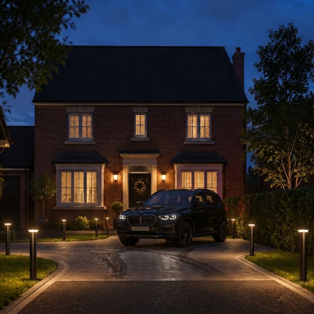 Brick house at dusk with a driveway lined by bollard lights leading up to the front door, flanked by matching wall lanterns either side of the entrance.