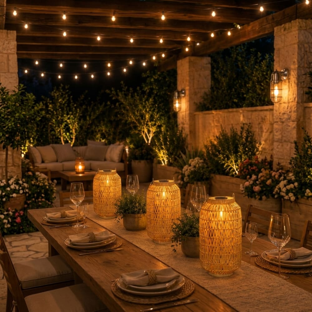 Outdoor dining table set for an evening meal, lit by woven bamboo lanterns, chrome wall lights and overhead string lights, with a lounge seating area and softly lit greenery in the background.