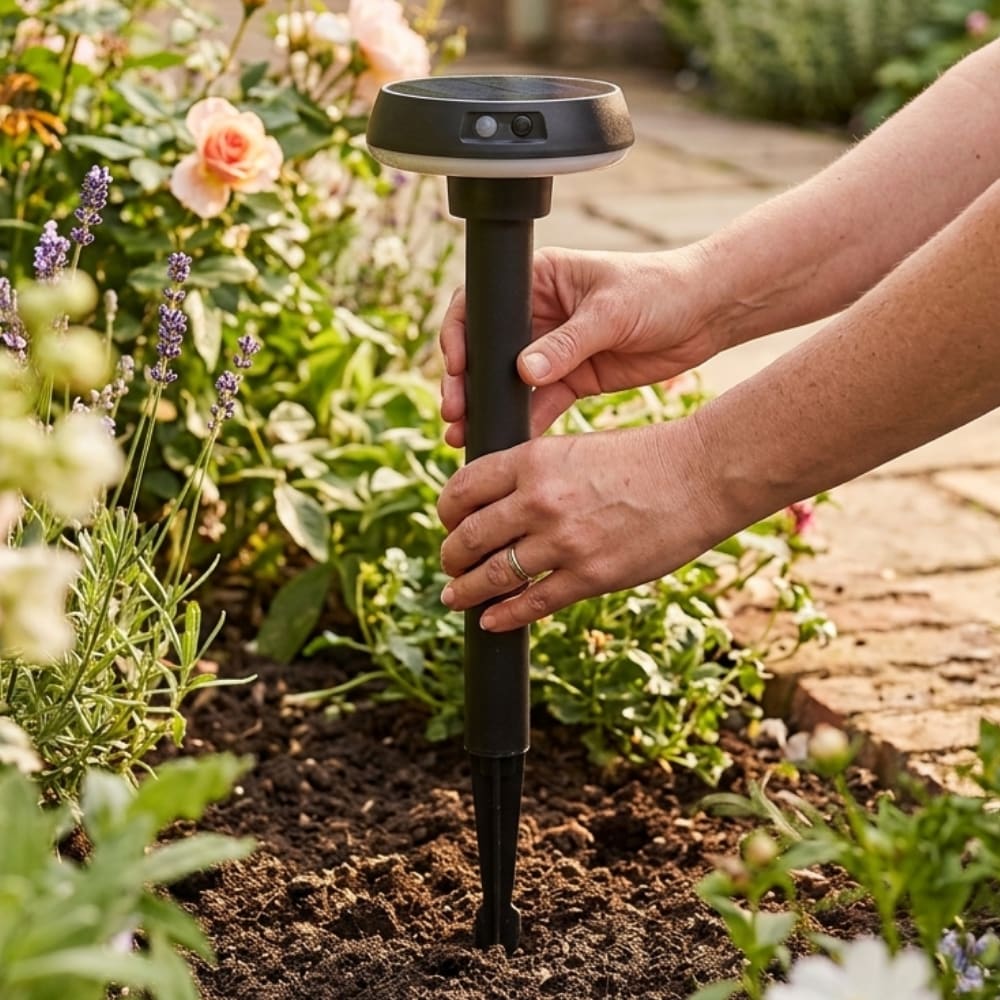 Hands placing a solar-powered garden stake light into a flower bed.