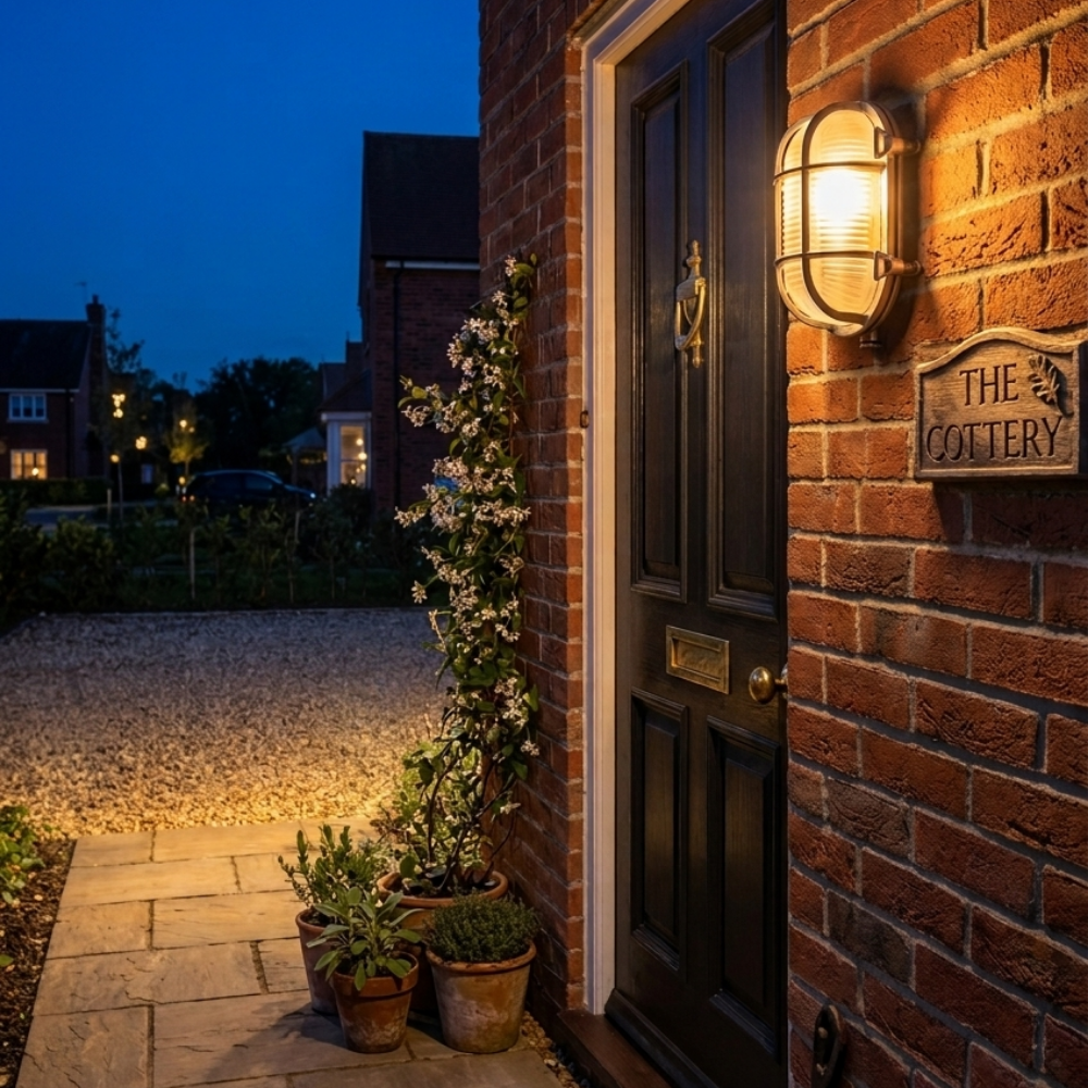 Bulkhead-style mains wall light illuminating a front door and driveway at night.
