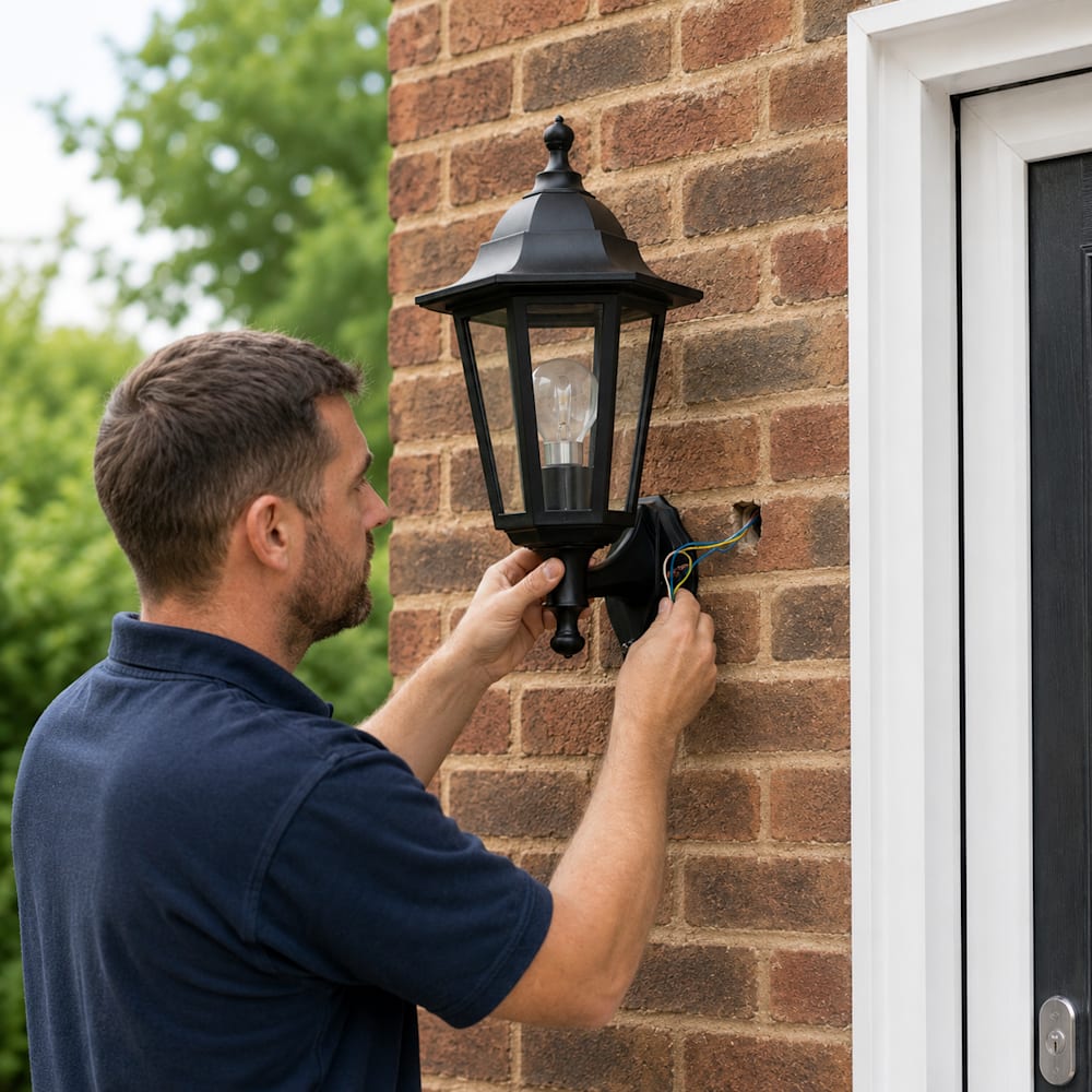 Electrician installing a black lantern-style mains wall light on a brick house exterior.