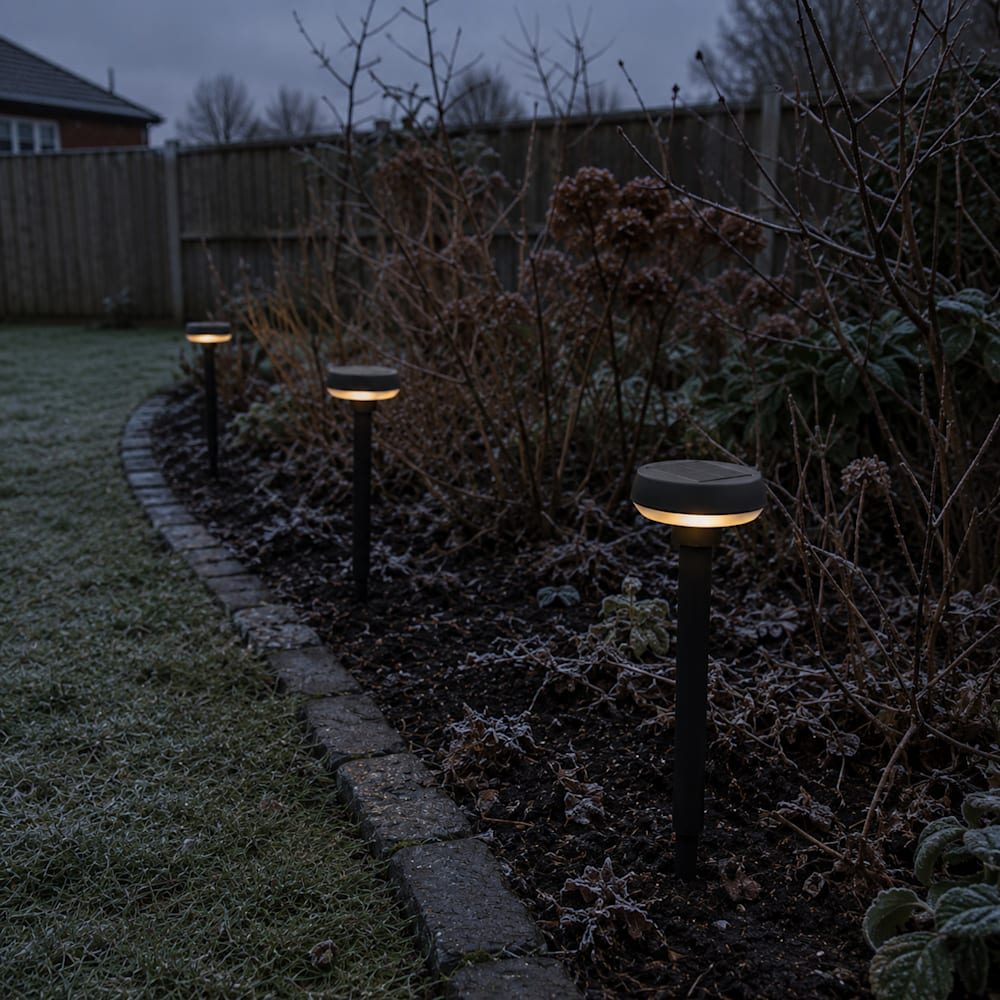 Winter garden with black solar stake lights lining a flower bed border, emitting a faint warm glow at dusk under an overcast sky with frosty plants and damp soil.