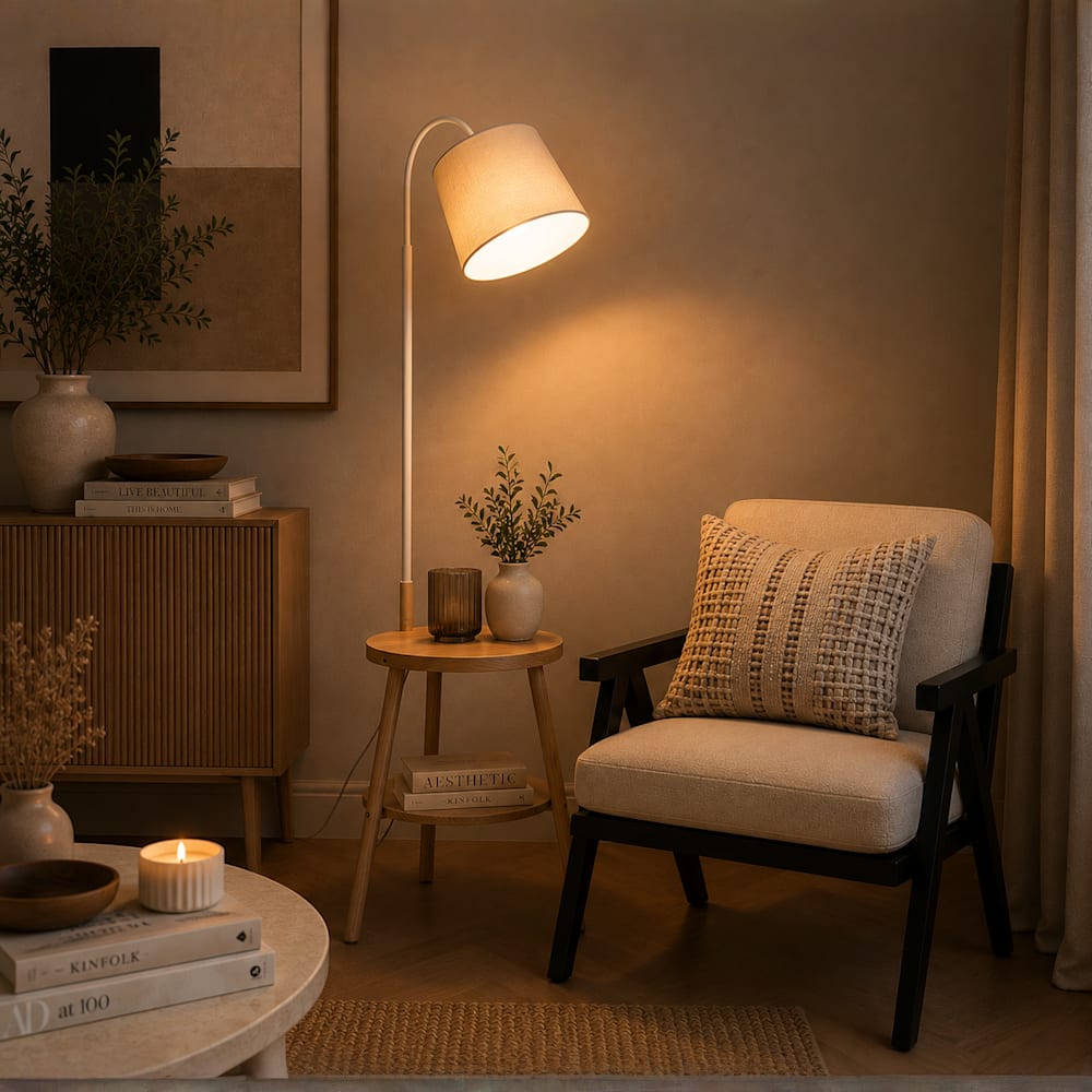 Cosy neutral reading nook with a warm floor lamp, upholstered armchair, textured cushion, wooden side table, sideboard, candle and natural decor.