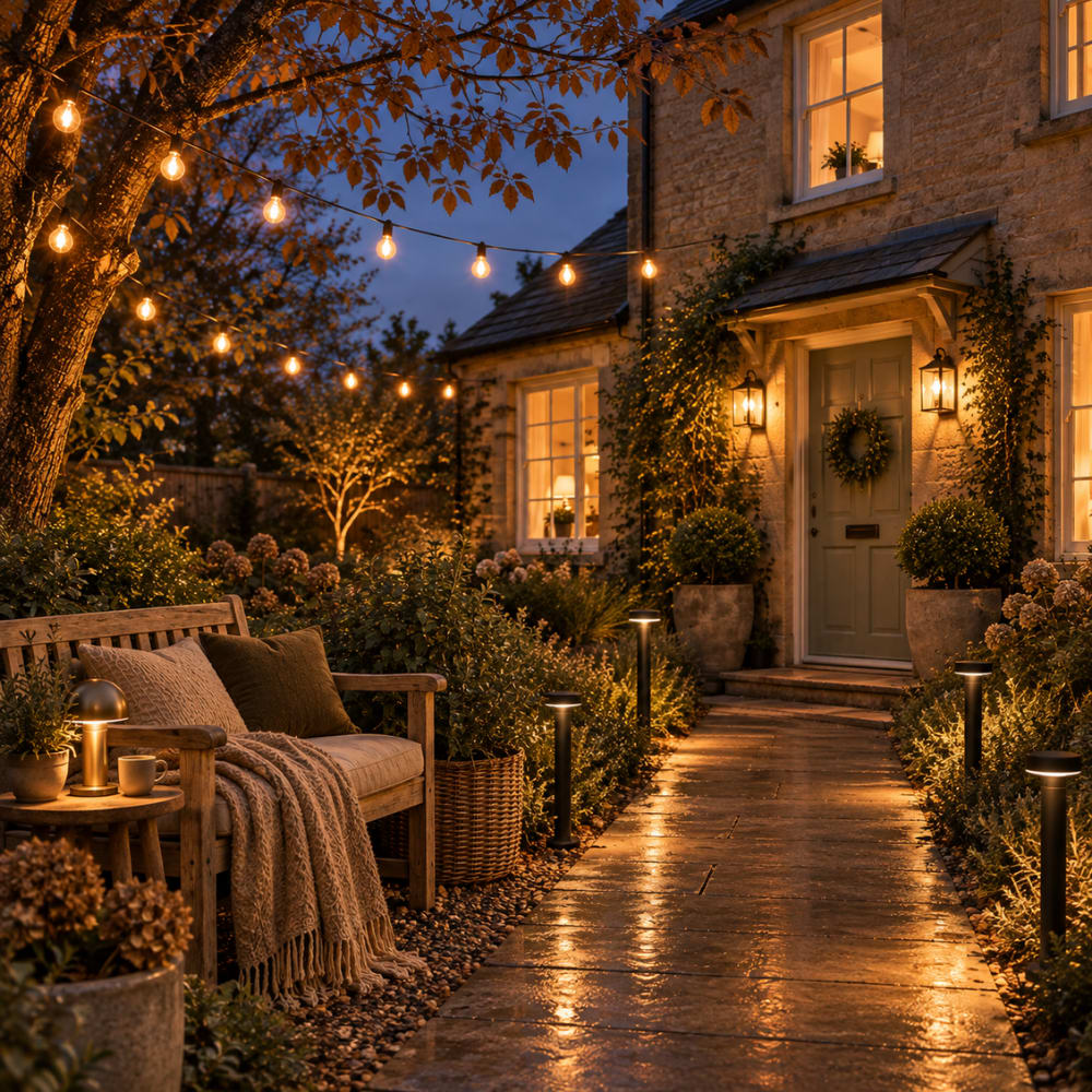 Cosy cottage garden at dusk with warm festoon lights, illuminated pathway, outdoor bench with cushions and blanket, and glowing exterior wall lights.