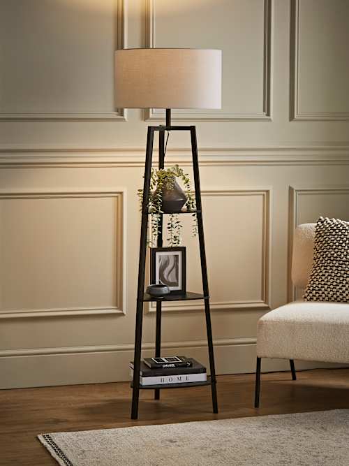 Hiru Matte Black Floor Lamp Large Grey Shade | ValueLights
