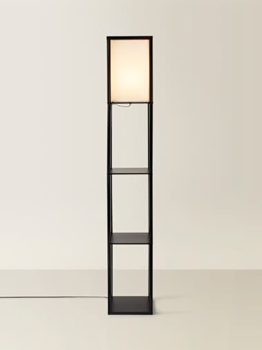 ValueLights Taska Black Wooden 3 Tier Corner Floor Lamp With Grey Fabric Shade And Storage Shelves
