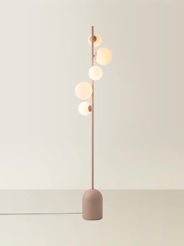 5-Way Blush Pink Floor Lamp with White Glass Globe Shades
