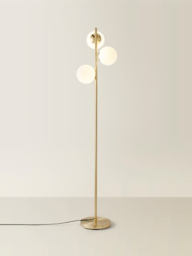 Jas Gold 3-Way Floor Lamp with White Glass Globe Shades