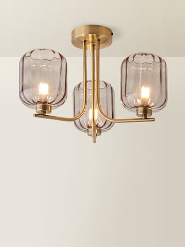 Brushed Gold 3 Arm Smoke Ribbed Glass Ceiling Light