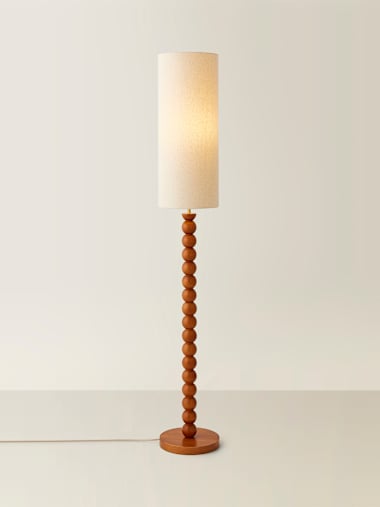 Wyatt Wooden Bobbin Floor Lamp with Tall Linen Shade