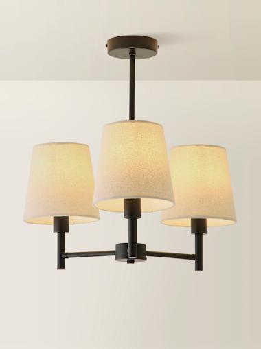 Matte Black 3 Arm Chandelier Ceiling Light with White Shades