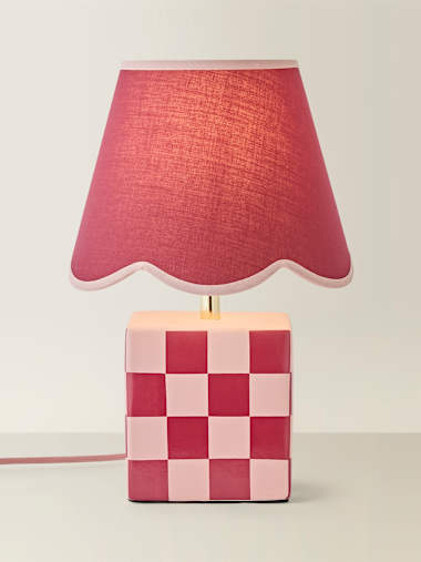 Evie Burgundy Ceramic Checkerboard Table Lamp with Scalloped Shade