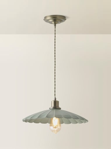 Brushed Brass Moss Green Floral Scallop Pendant Ceiling Light