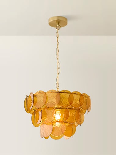 3 Tier Brushed Gold and Orange Glass Chandelier